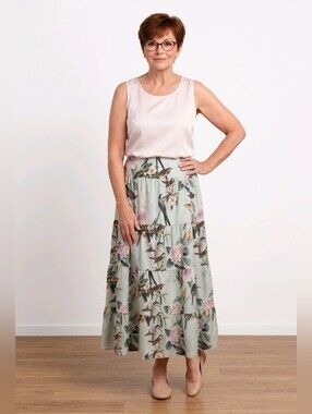 Carolina Pinilla Tiered Maxi Skirt Bird Novelty Print Sage Floral Large